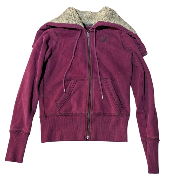 Y2K 90s Hollister Hoodie Faux Fur Zippered Hood Maroon Grunge Small - Picture 3 of 10